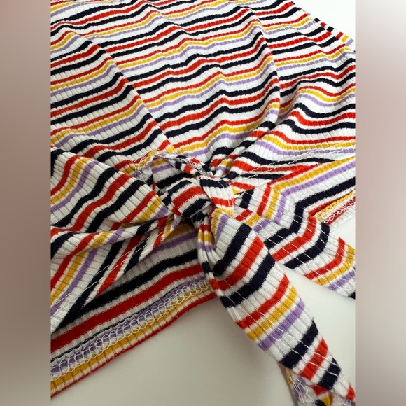 Polly & Esther Tie up Scoop Neck Striped White, Red, Yellow, Black Purple Shirt - Picture 4 of 4